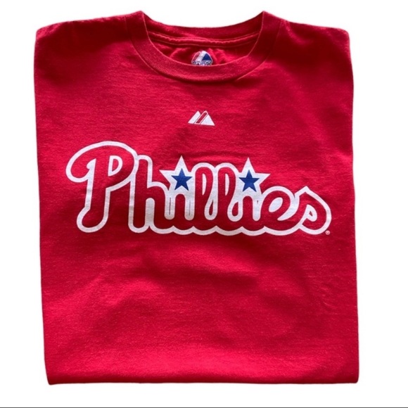 Vintage Phillies ‘09 Lee #34 Sole Season 34 Red Tee Majestic Kids L-Adult Small - Picture 2 of 4